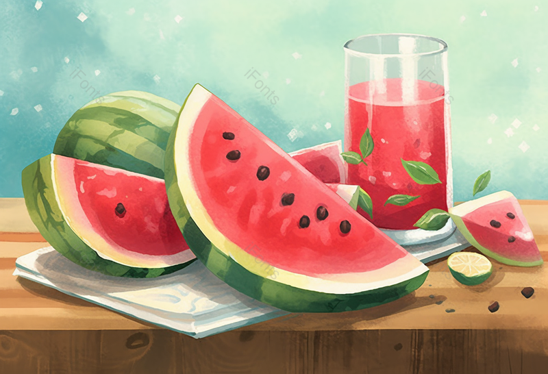 夏日里解暑的西瓜与果汁放在桌面上创意插画设计素材,插画/手绘图,插画/手绘图库,插画/手绘图下载,插画/手绘